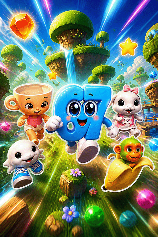Colorful game illustration with characters and floating islands